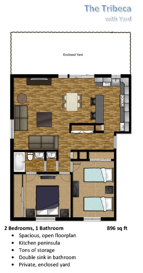 Floor plan for 2 beds, 1 bath, 896 sqft